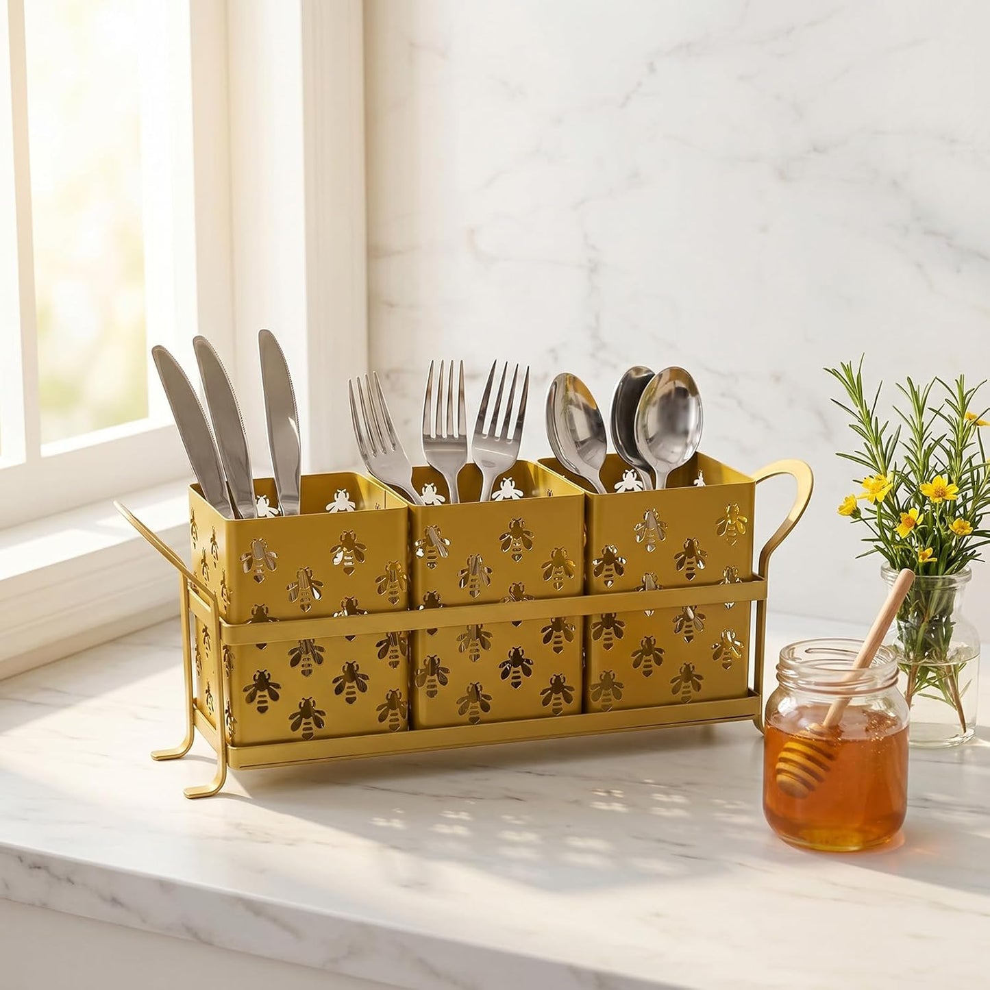 Silverware Caddy for Party, Metal Utensil Holder with Drain Holes, Spoons and Forks Cutlery Holder for Kitchen Countertop - White