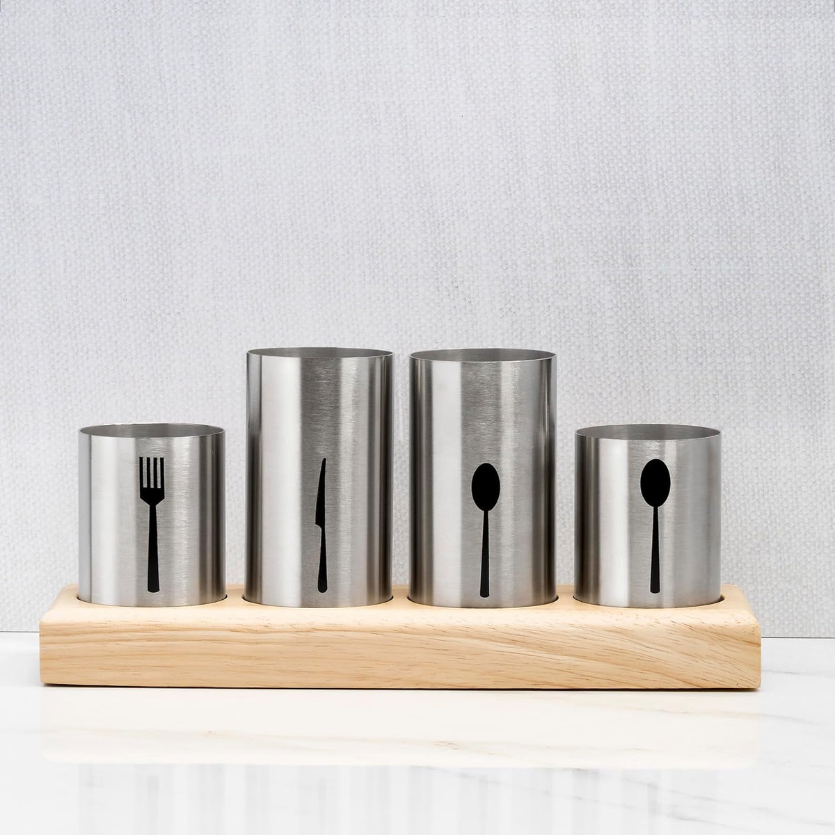 Utensil Holder,Upright Silverware Holder with Caddy for Spoons, Knives and Forks, Entertaining,Stainless Steel Cutlery Organizer with Bamboo Wood Base