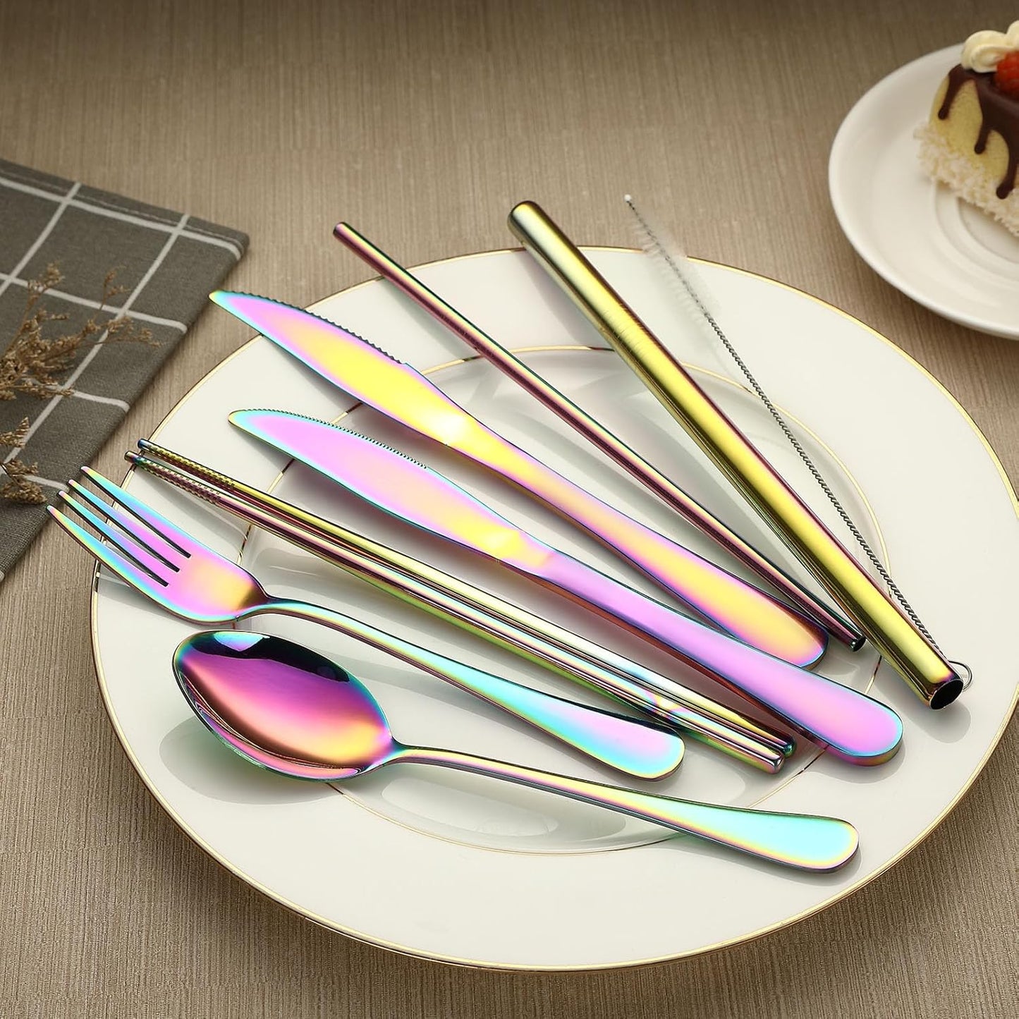 Camping Utensils, Stainless Steel Travel Silverware Set with Case | 9Pcs Portable Cutlery Set, Reusable Flatware adult, Steak knife, Boba Straw, Fork and Spoon Set for Lunch box, Work (Silver)