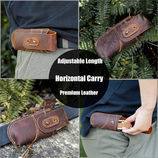 Leather Pocket Knife Sheath - Belt Loop EDC Belt Organizer - Horizontal Carry Knife Holder- Multitool Sheath with Two Snap Closure for Folding Knife, Darkbrown