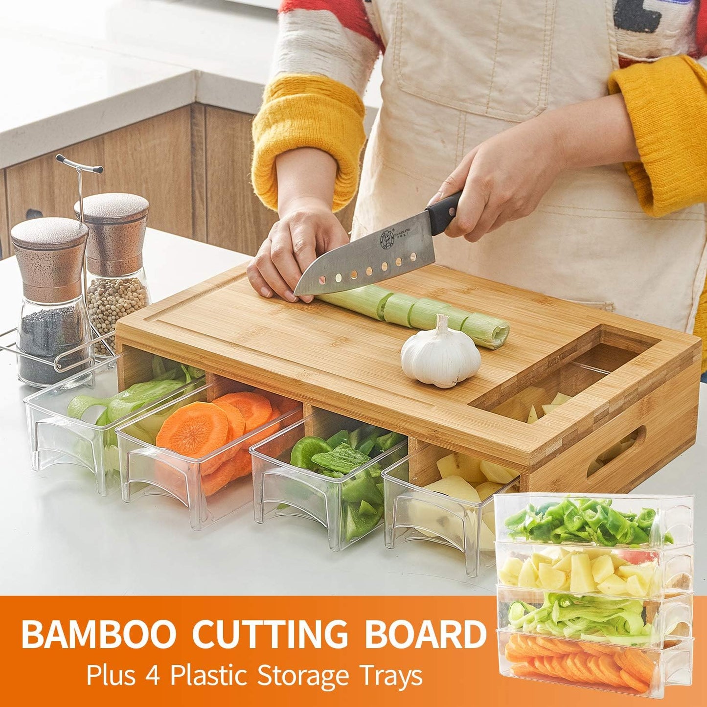 Bamboo Cutting Board with 4 Containers, Large Chopping Board