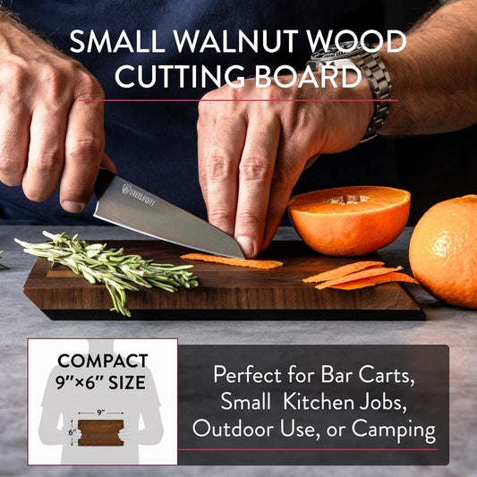 STEELPORT Small Cutting Board 9"x6" | Steel Reinforced End Grain Walnut | 2-Sided, Patent-Pending Ultra-Thin, Warp & Split Resistant | Composite Side, Juice Groove | USA Made, Ideal for Bar & Camp