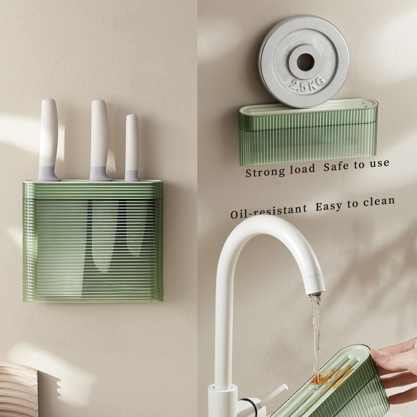 Knife Holder for Wall, Knife Storage Wall Mounted No Drill, Universal Knife Holder with 2 Long Slot for Fruit/Kitchen/Boning Knife and Kitchen Scissors, Load 2.5KG, Green Nordic Minimalist