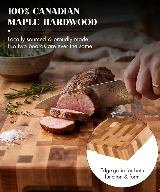Maple End-Grain Butcher Block, Juice Groove, 12 x 16 x 1.25 in | Checkered Cutting Board, Handcrafted in Canada, Thick, for Meat, Cheese, Charcuterie
