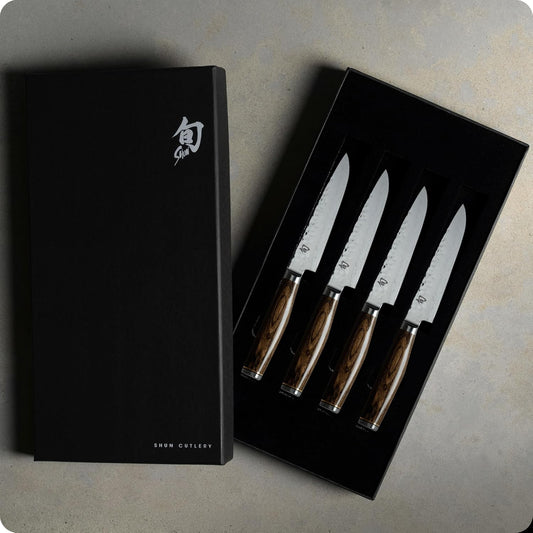 Premier 4 Piece Steak Knife Set | 5" Knives, Handcrafted Japanese Steak Knife Set, VG-MAX Core, Damascus Stainless Steel Cladding, Pakkawood Handle