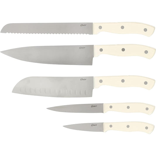 Evansville 14 Piece Cutlery Kitchen Knife Block Set, Stainless Steel w/Linen White Handles - Cuchillos Para Cocina