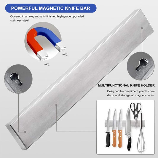 16 Inch Black Magnetic Knife Holder for Wall, No Drilling Adhesive Knife Strip with Powerful Magnet and Expanded Screws, Wall Mount Knife Rack for Knives, Includes Adhesive Tape (Silver White)