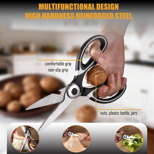 2 Pack Kitchen Scissors Heavy Duty, All Purpose Stainless Steel Kitchen Shears for Cutting Meat Chicken Crab Legs, Dishwasher Safe Seafood Scissors with Protective Cover (Black)