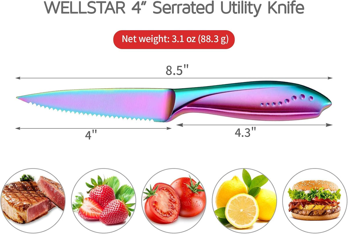 Utility Knife, 4 Inch Serrated Paring Knife with Super Sharp Rainbow High Carbon Stainless Steel Blade for Fruit Vegetable Cutting Peeling Slicing