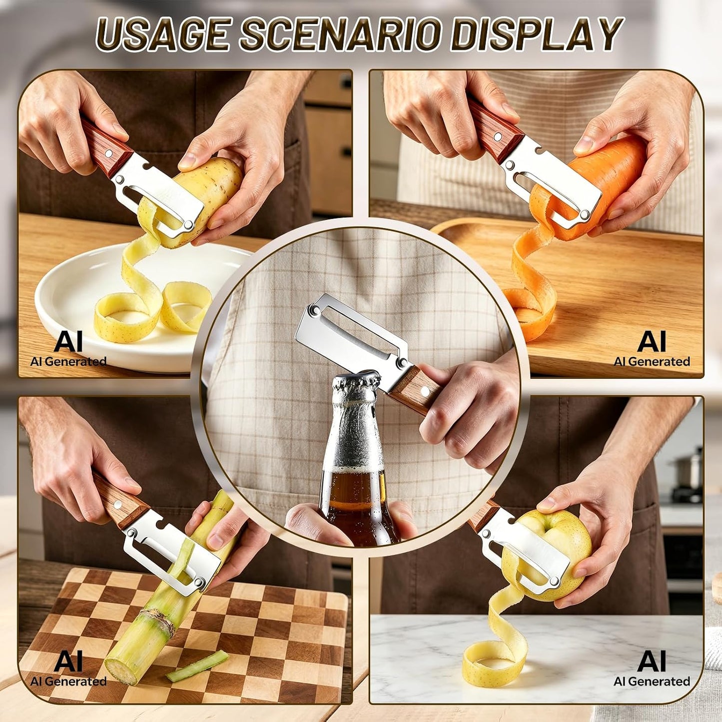 Multi-Functional Vegetable Peeler For Kitchen,2-In-1 Stainless Steel Veggie Peeler Knife With Wooden Handle And Bottle Opener,For Fruit Pumpkin Peeling Potato Carrot Veggie Peeler-2pcs