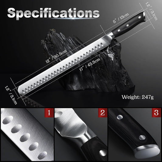 Brisket Knife, 12 inch Carving Knife for Meat | Slicing Knife Breaking Knife for Meat Cutting-High Carbon Stainless Steel Butchers Knives for BBQ, Turkey and Roast
