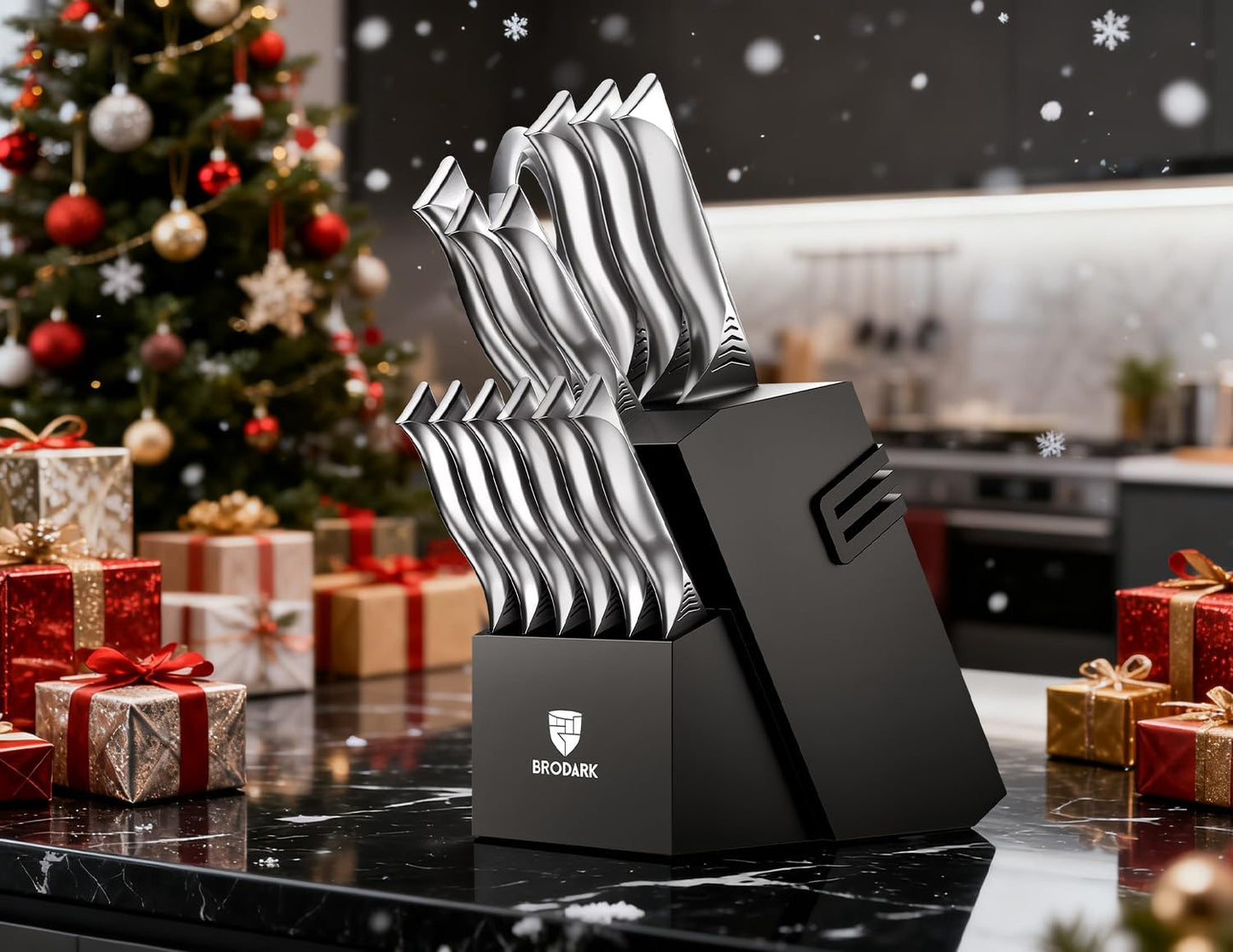 15PCS Kitchen Knife Set with Block and Built-in Sharpener, Shark | High Carbon Stainless Steel knives, Sharp Knife Block Set, One-Piece Design Ergonomic Handle Non Slip, For Cooking & Gifting