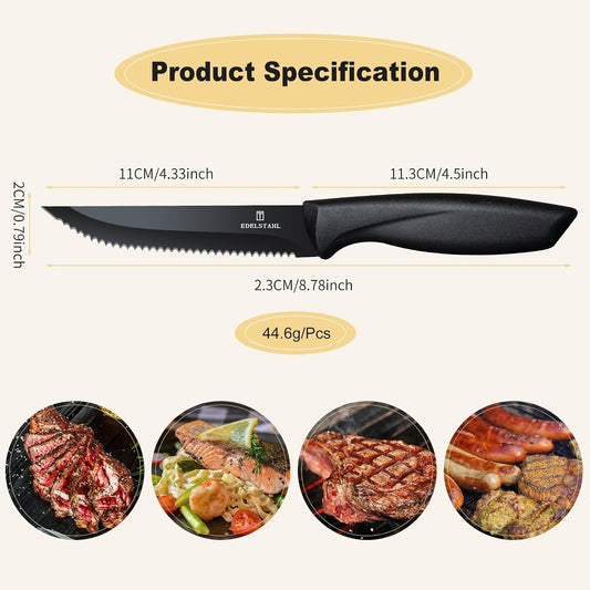 Steak Knives Set of 4, Premium Steak Knife,Stainless Steel Steak Knives Set,Sharp Serrated Steak Knife,Ergonomic Black Handle Steak Knifes,Durable Kitchen Steak Knifes,Dishwasher Safe