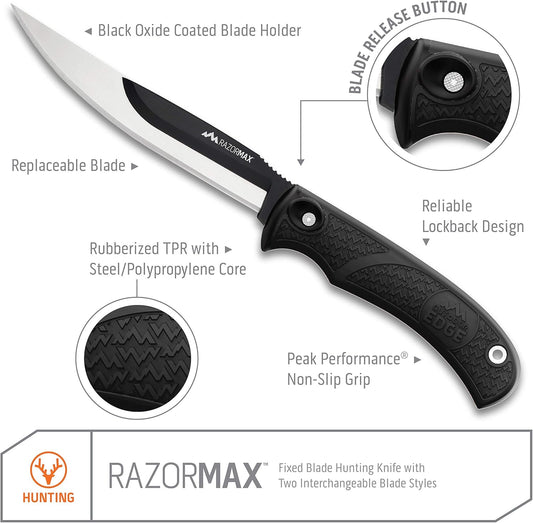 RazorMax - Replaceable Fixed Blade Hunting Knife with 3.5" Drop-Point, 5" Boning/Fillet Blades, Belt Sheath and Detachable Blade Carrier (Black, 6 Blades)