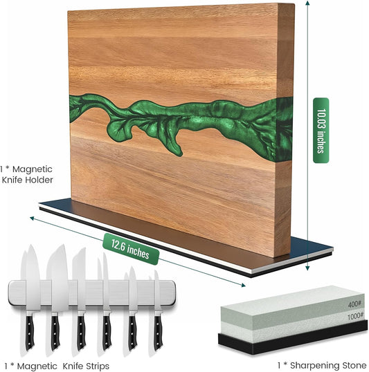 Magnetic Knife Block, 3-Pieces Double Side Magnetic Knife Holder with Sharpening Stone and Stainless Steel Magnetic Knife Strip, Acacia Wood Magnetic Knife Rack and Green Resin,12.6 * 10.03IN