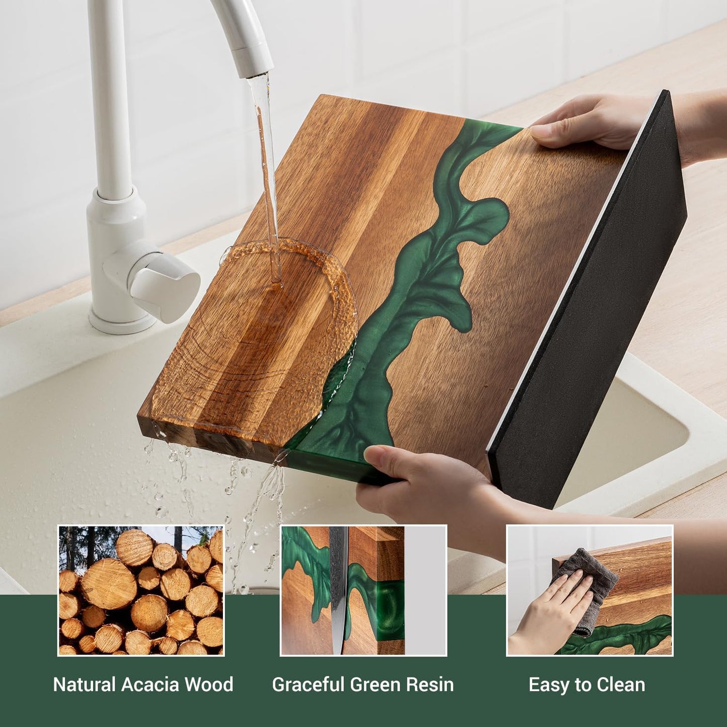 Magnetic Knife Block, 3-Pieces Double Side Magnetic Knife Holder with Sharpening Stone and Stainless Steel Magnetic Knife Strip, Acacia Wood Magnetic Knife Rack and Green Resin,12.6 * 10.03IN