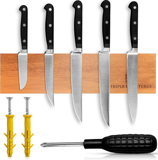 Magnetic Knife Holder – Premium Acacia Wood Knife Storage with Double-Sided Magnetic Strip, Anti-Slip Base – Elegant Countertop & Wall-Mounted Knife Organizer for Kitchen Tools