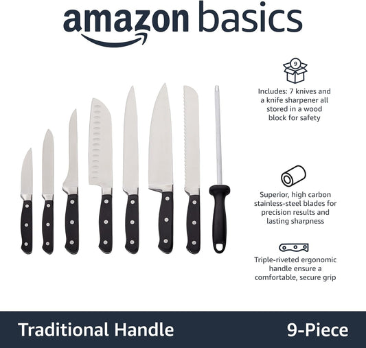 9-Piece High-Carbon Stainless Steel Kitchen Knife Set with Ergonomic Handles, Full Tang Construction, Pine Wood Block, Black