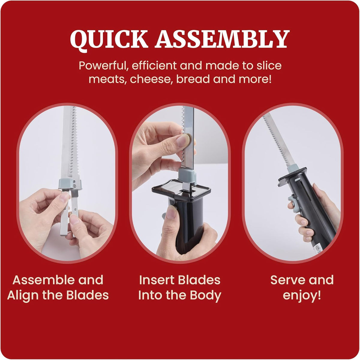 Electric Knife Set for Carving Meats, Bread & More. Pressure-activated On/Off Switch, Safety Lock, 2 Serrated Stainless-Steel Blade Sets, Storage Case, Carving/Serving Fork, Black