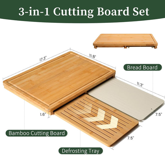 Bamboo Cutting Board Set with Defrosting Tray, Wood Cutting Boards for Kitchen with Deep Juice Grooves & Built-in Organizer Meal Prep Charcuterie& Chopping Board for Meat, Vegetables and Bread