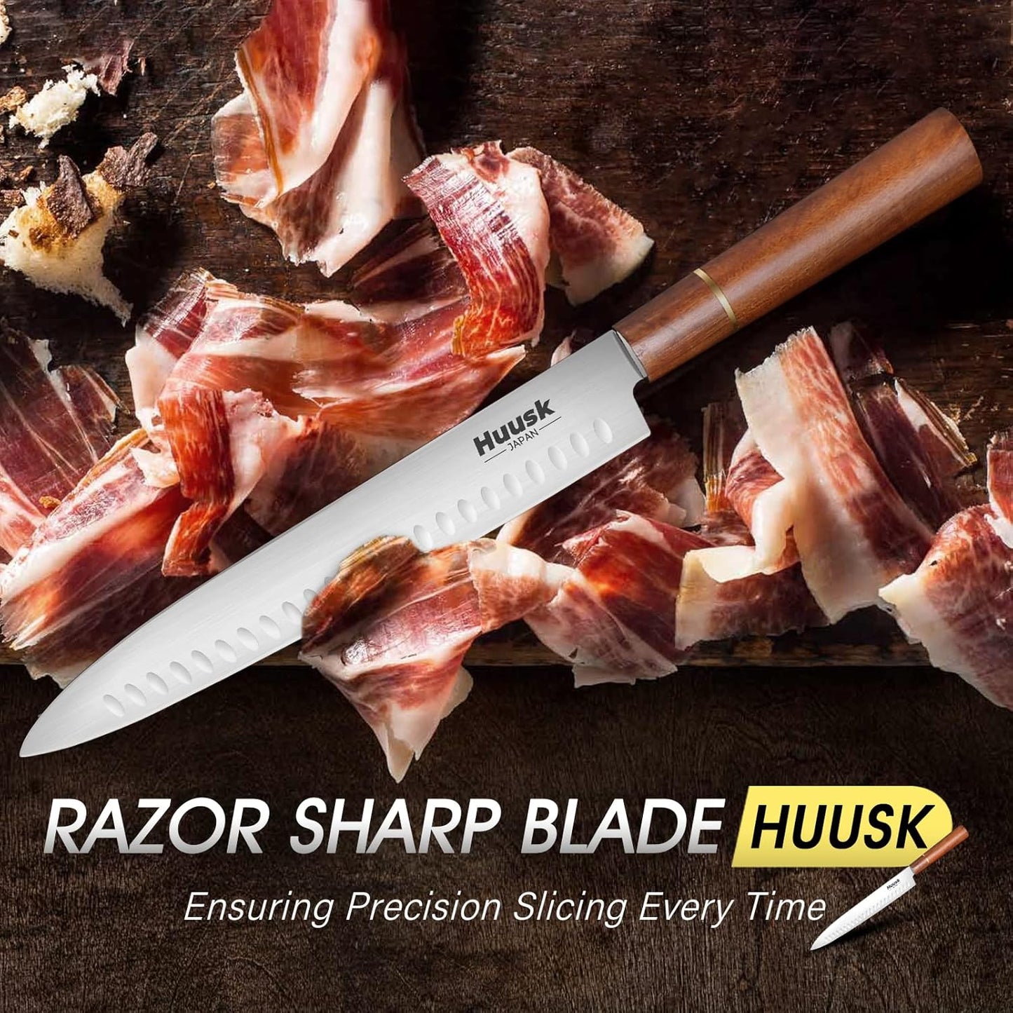 Huusk 12" Brisket Carving Knife, Ultra Sharp Slicing Knife for Meat | Granton Edge, Stainless High Carbon Steel, Meat Trimming Knife for BBQ, Turkey, Rib Roast, Gift for Chef Smoker Men