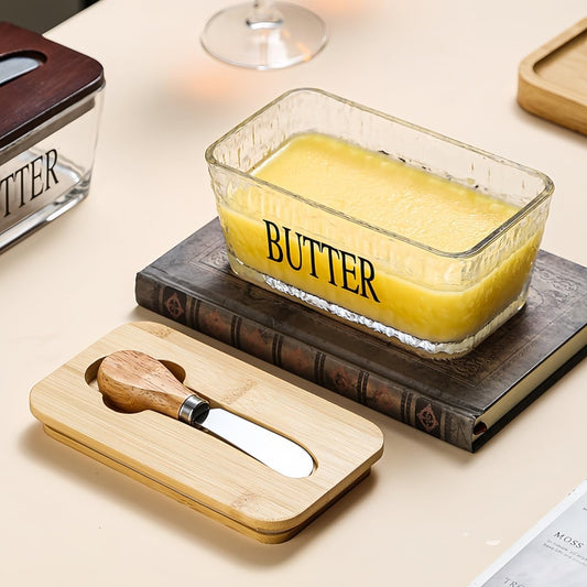 Glass Butter Dish with Bamboo Lid and Knife, 500 mL Airtight Cheese Storage Container for Countertop Butter Keeper for Fridge (Smooth, 16 fl oz)