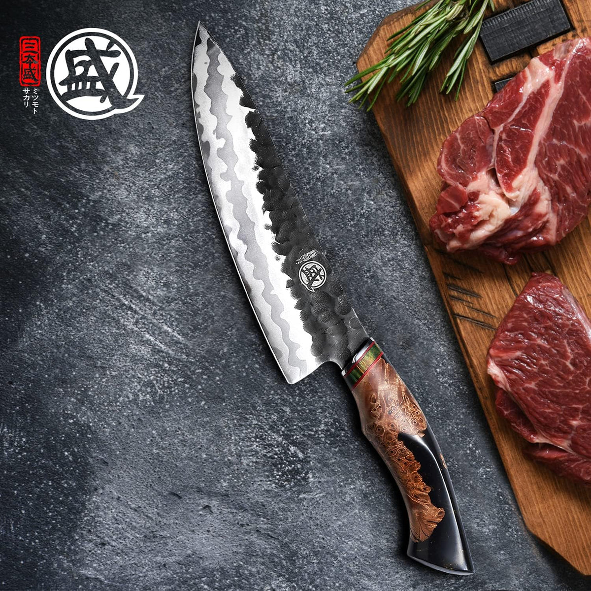8-Inch Japanese Gyuto Chef Knife, 440C Damascus Steel | Precision Pull Cuts, Deep-Cryo Edge Stability, 2.2 mm Thin Blade Control, Maple Burl Handle, Sandalwood Box