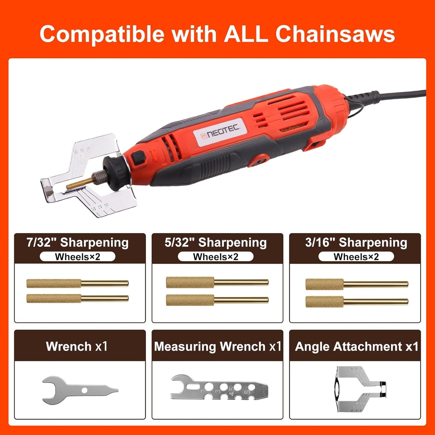 Electric Chainsaw Sharpener Kit On-Saw Quick Sharpening Tool with Angle Guide 6 Titanium Diamond Bits Restores Dull Chains in Minutes for Forestry Professionals and DIY Yard Work