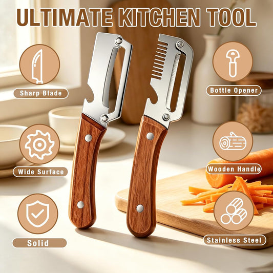 Multifunctional Vegetable Peeler 3-in-1, Julienne Peeler, Fruit Peeler Knife with Ergonomic Wood Handle, Stainless Steel Blade for Efficient Peeling, Grating & Slicing(2PCS)
