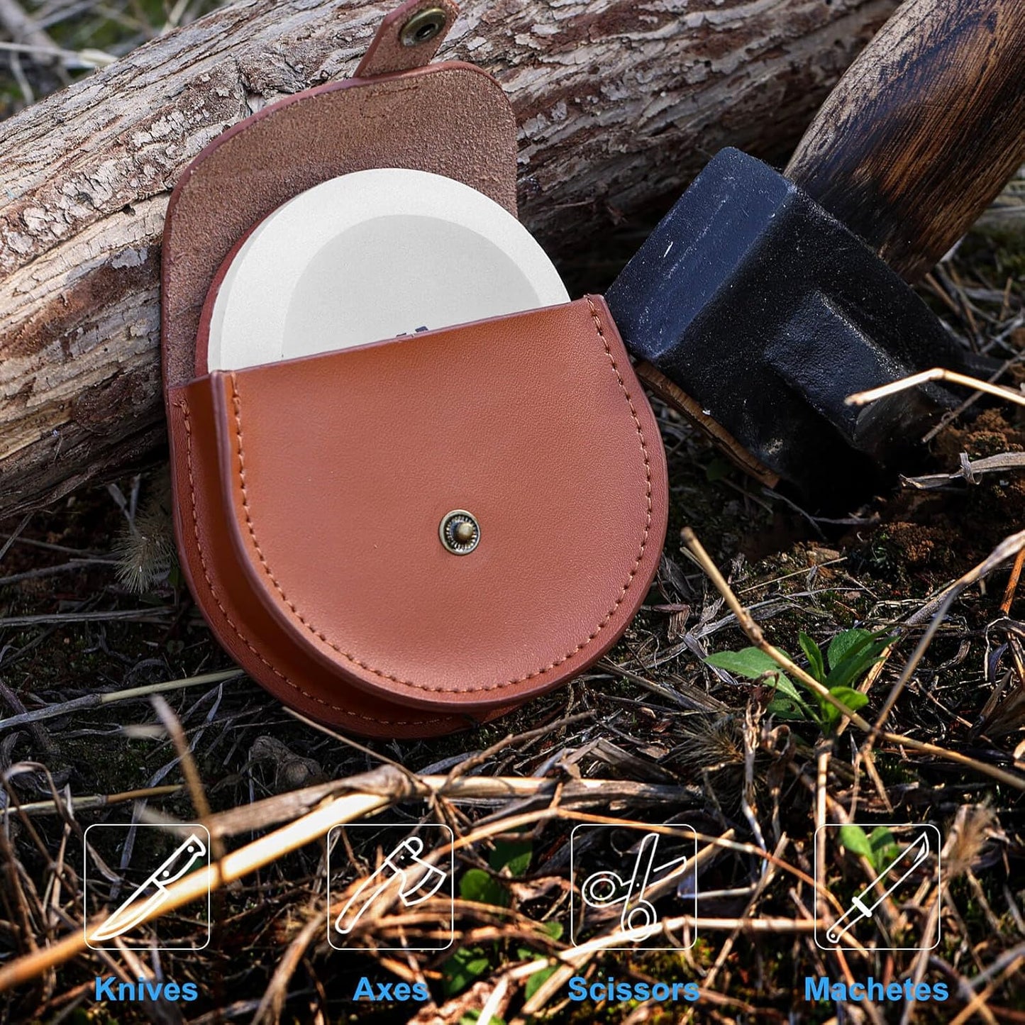 Axe Sharpener - Multipurpose Axe/Hatchet Sharpening Stone - Whetstone Blade & Tool Sharpener, Dual Grit 180/320 Sharpening Puck with Leather Sheath