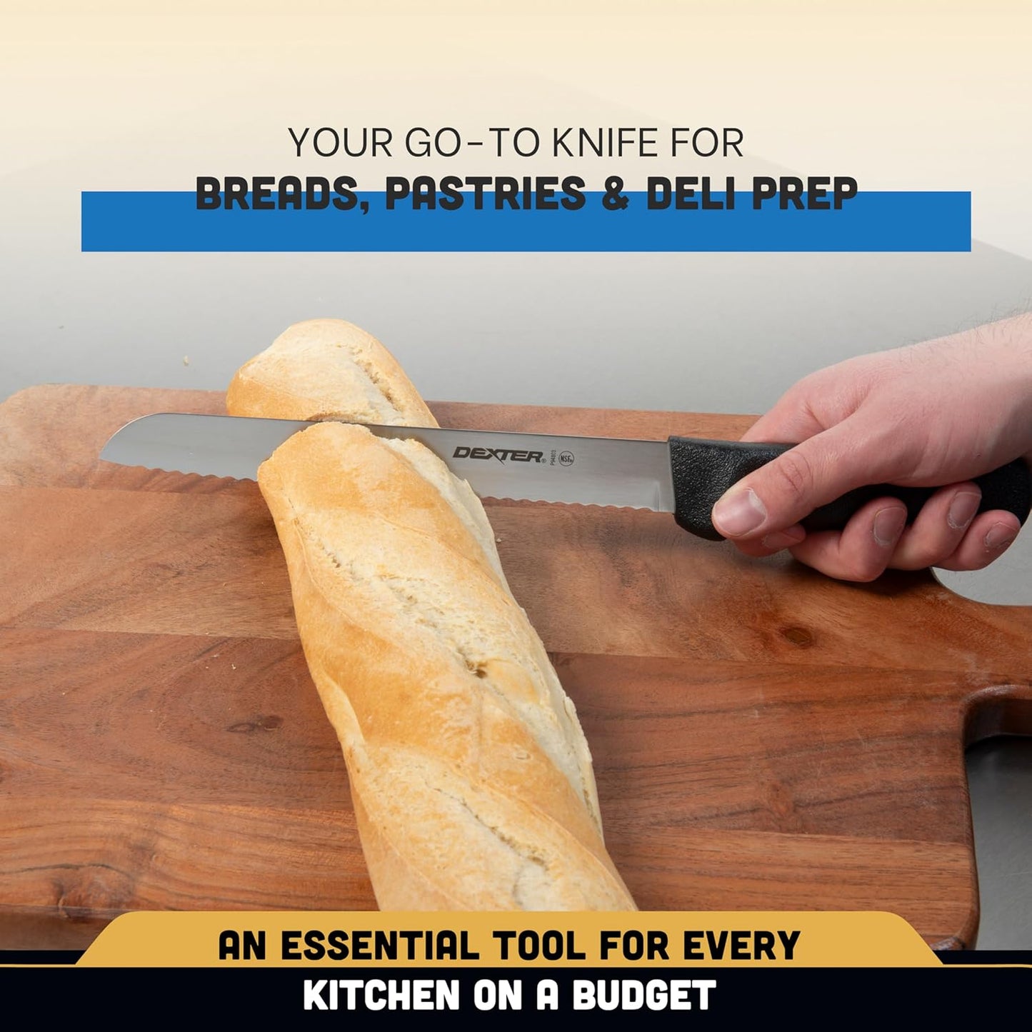 P94803B Basics (31603B) Bread Knife, 8", Scalloped Edge, Stain-Free, high-Carbon Steel, Textured, Polypropylene Black Handle, NSF Certified