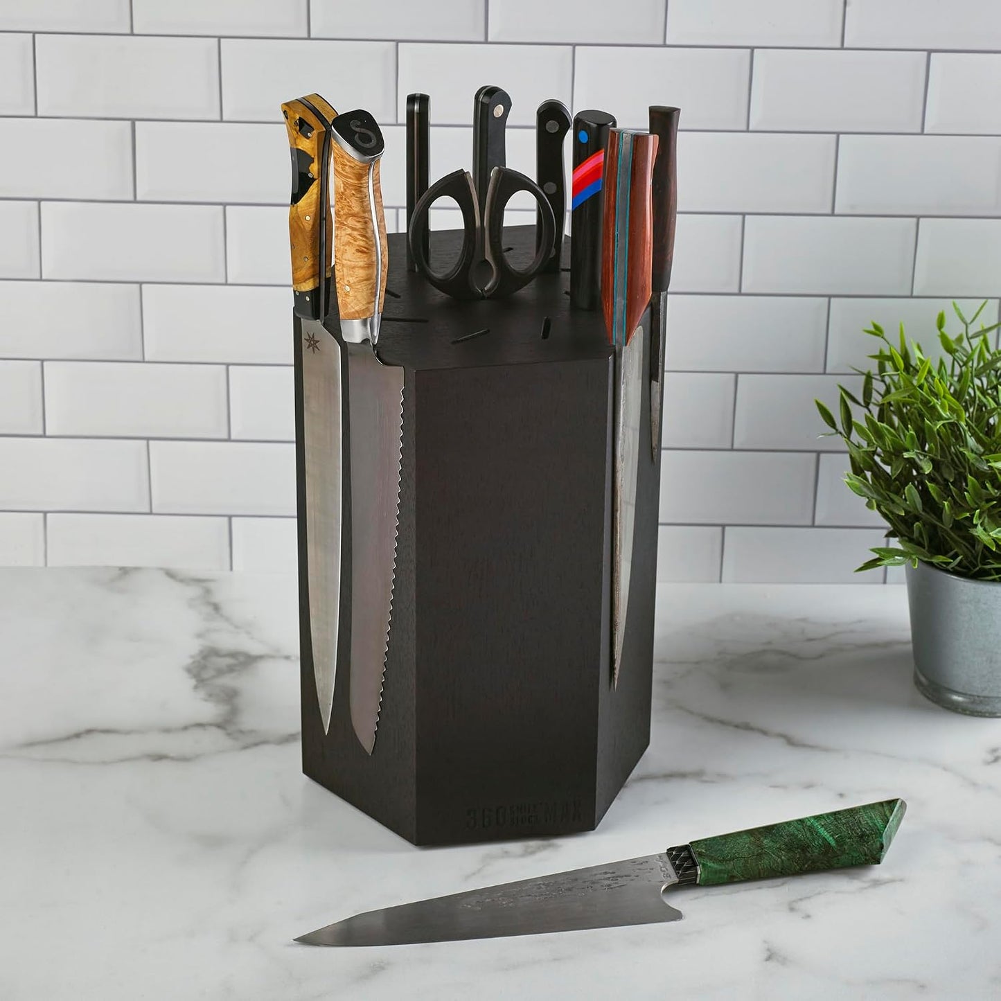 360KnifeBlock® MAX (walnut) ROTATING Magnetic Knife Block | 12" tall with an array of top slots SeriousEats/Food&Wine/ATK BEST Universal Knife Block - handmade in Washington