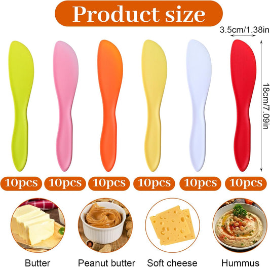 60 Pcs Plastic Butter Spreader, 7 x 1.4 Inch Butter Knife Set, Multi Purpose Spreader for Cheese, Cream, Jam, Sandwich, 6 Colors, PP Plastic, Dishwasher Safe