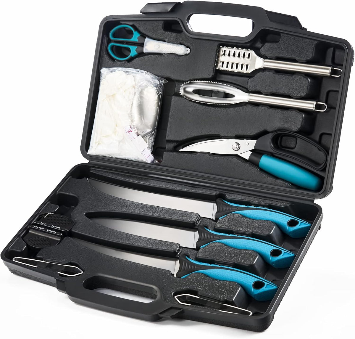 Fish Fillet Knife Set Curved Flex 7 inch 9 inch Filet Knife for Filleting and Boning, Non-Slip Handles, Includes Fishing Braid Line Scissors, Fish Dressing Scissors, Filleting Pad