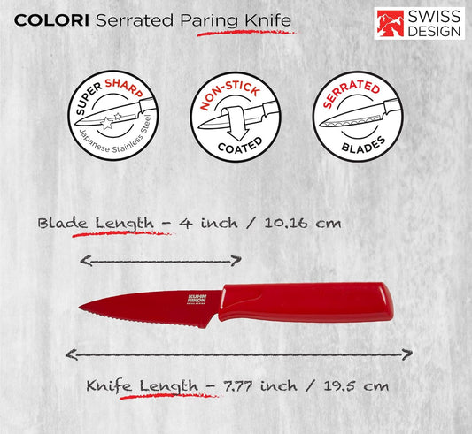 COLORI Non-Stick Serrated Paring Knife with Safety Sheath, 4 inch/10.16 cm Blade, Red