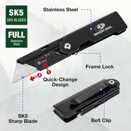2-pack Folding Pocket Utility Knife Set, Quick Change Box Cutter with Frame Lock, EDC Foldable Razor Knife with Belt Clip, Stone Washed | Quick Change Box Cutter with Frame Lock, EDC Foldable Razor Knife with Belt Clip, Stone Washed