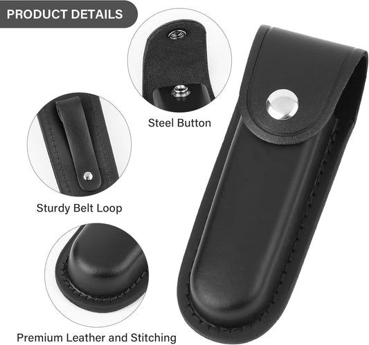 Leather Pocket Knife Sheath, 4" Folding Knife Case, Durable Multitool Holster with Snap Closure and Belt Loop, EDC Knife Pouch for Multitools, Pocket Knives, and Outdoor Activities, Black