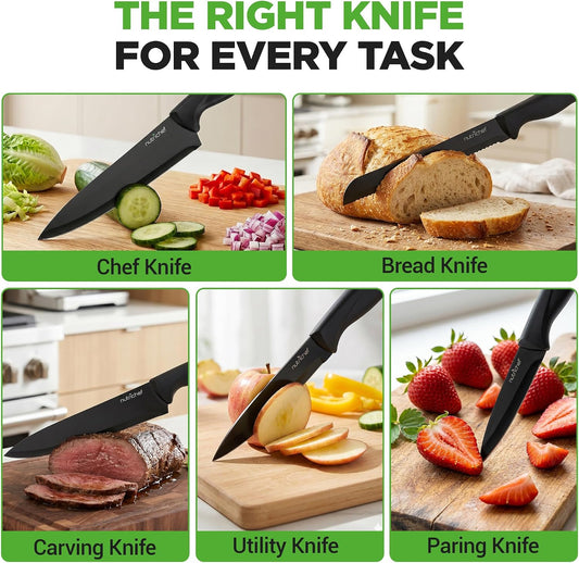 NutriChef 7 Piece Kitchen Knife Set - Stainless Steel Kitchen Precision Knives Set w/ 5 Knives & Bonus Sharpener, Acrylic Block Stand - Cutting Slicing, Chopping, Dicing - NCKNS7X