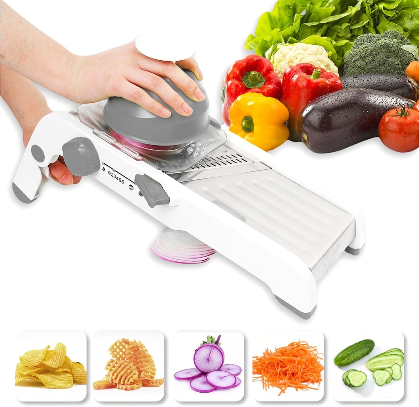 ZKIRON Large Mandoline Slicer for Kitchen - Professional Stainless Steel Onion Slicer & Cabbage Shredder, Integrated 2-in-1 Blade for Waffle & Smooth Cuts, Safety Hand Guard Included (Gray)
