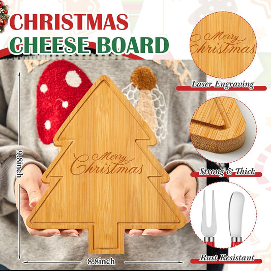 1 Set Mini Christmas Tree Cheese Board Set with Knives, Holiday Xmas Tree Cutting Board Wood Small Charcuterie Serving Tray Gift for Xmas Party Kitchen Decoration (Bamboo Color)