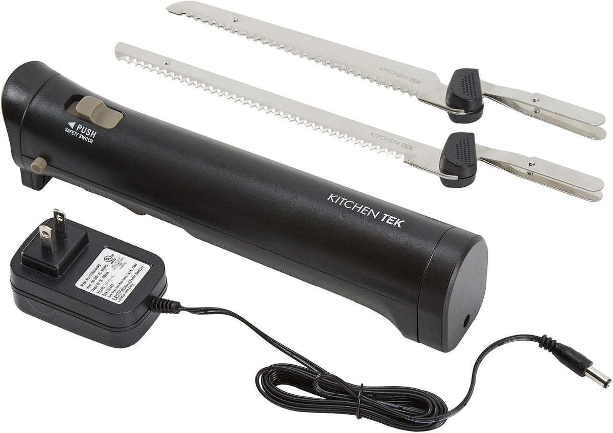 Kitchen Tek Electric Knife Set, 1 Electric Knife With Motorized Handle - Includes 1 Bread and 1 Carving Tool, 1 Case, Black Plastic Food Cutter With Stainless Steel Blades