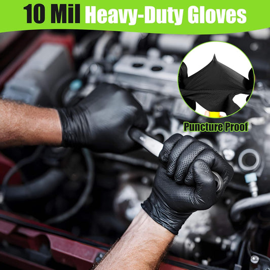10 Mil Heavy Duty Black Nitrile Mechanic Gloves, 50 Count M | Diamond Grip, Latex & Powder Free for DIY Repairs, Home Garage, Motorcycle Maintenance & Everyday Projects