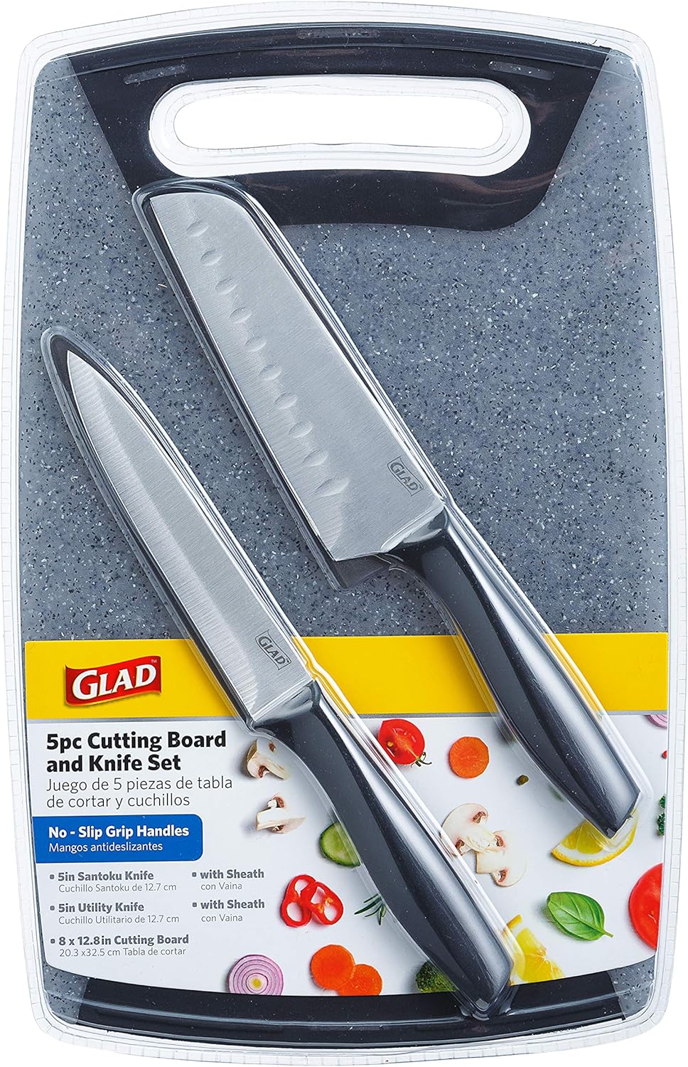 Glad Knife Set with Cutting Board, 5 Pieces | Sharp Santoku and Utility Knives with Blade Covers and Plastic Chopping Block | Kitchen Cooking Accessories