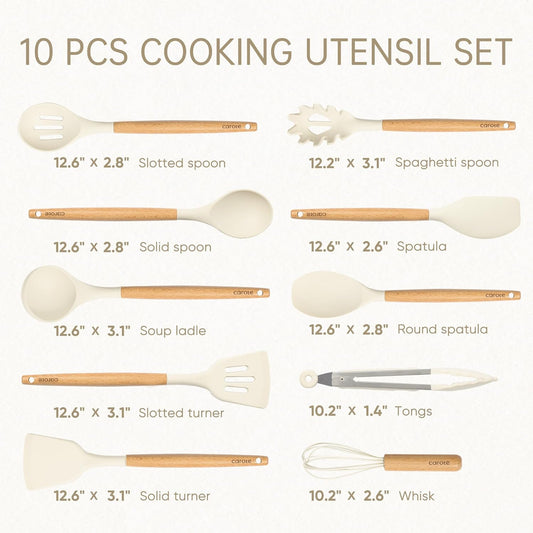 10-Piece Kitchen Utensils Set with Wood Cool-Touch Handles, Cream | Silicone Cooking Utensil, Food Grade, Nonstick Cookware Friendly, BPA-Free, Heat-Resistant, Everyday Home Essentials, Gifts