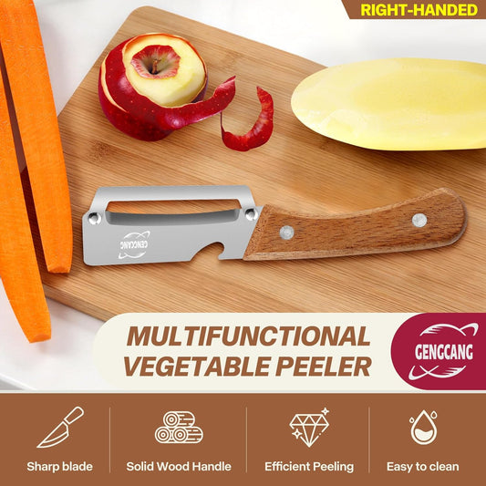 MultiFunctional Vegetable Peeler, Non-Slip Wooden Handle with Sharp Stainless Steel Blade, Built-in Bottle Opener - Perfect Kitchen Peeler For Veggie, Fruit, Potato, Carrot, Apple