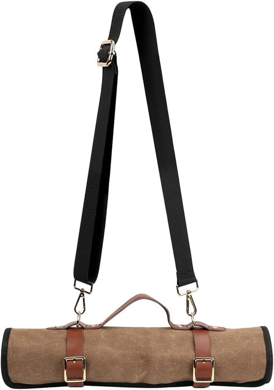 Knife Roll with Leather Straps and Metal Buckles, Double Layer Waxed Canvas Knife Bag, Large Chef Knife Bag with Handle and Shoulder Strap