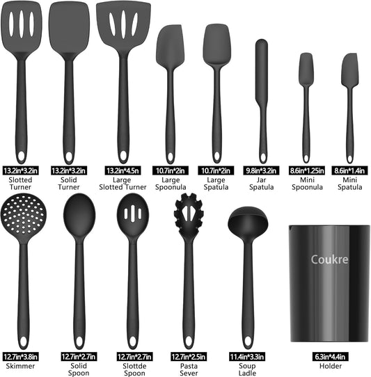 Silicone Kitchen Cooking Utensils Set, Heat Resistant, 14-Piece | Dishwasher-Safe, Food-Grade Silicone, BPA-Free, Spatulas, Spoons & Turner, Safe for Nonstick Cookware, Pure Black