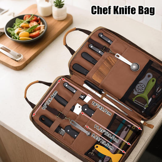 Chef Knife Bag, Waxed Canvas Chef Bag with 11 Slots & 2 Mesh Pockets | Chef Storage Bag Knife Carrier Travel Knife Bag with Top Handles, Detachable Shoulder Strap for Kitchen Tools & Chef Utensils
