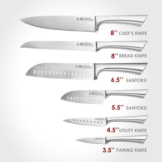 Damashiro Knife Block (Kumi, 7-Piece Chef Knife Set) - Japanese Steel Knife - Magnetic Knife Block- Damascus-Inspired Blade Kitchen Knives