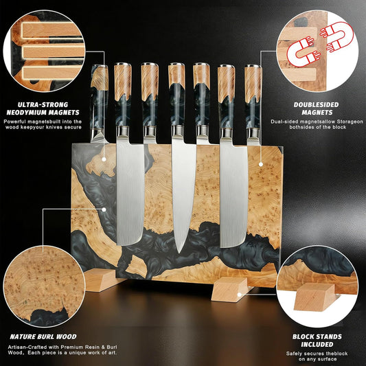 Magnetic Knife Block, 16 Inch Handcrafted Burl Wood Resin Knife Holder, Strong Neodymium Double-Sided Magnet, Countertop Knife Storage Stand Holds 20 Knives, Safe Blade Organizer for Kitchen